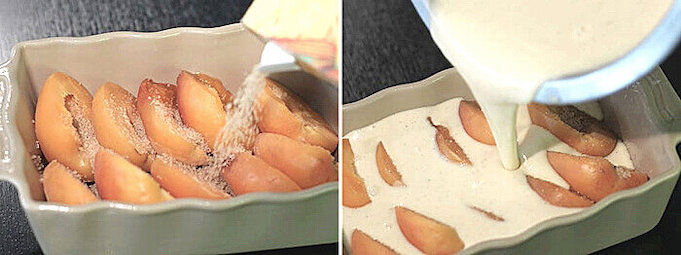 залейте абрикосы тестом для пирога клафути
