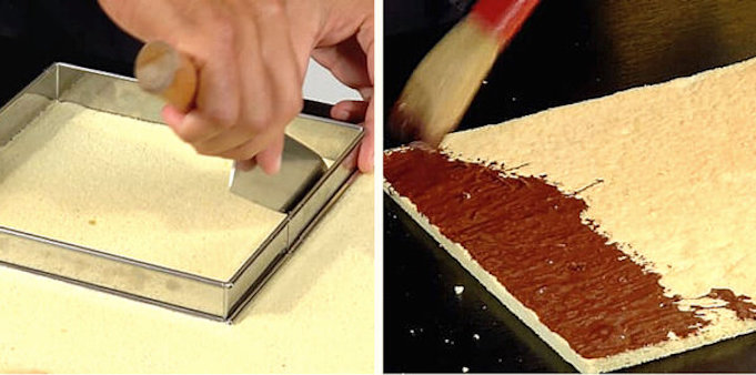 Сначала из остывших бисквитных коржей нужно вырезать элементы будущего торта.