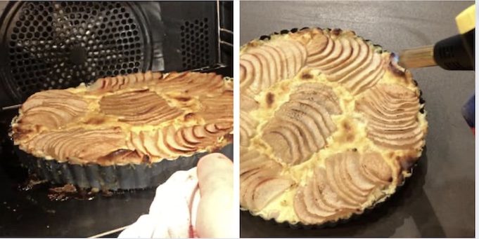 Как только флоньярд остынет, вооружитесь газовой горелкой и карамелизуйте кусочки груши сверху пирога.